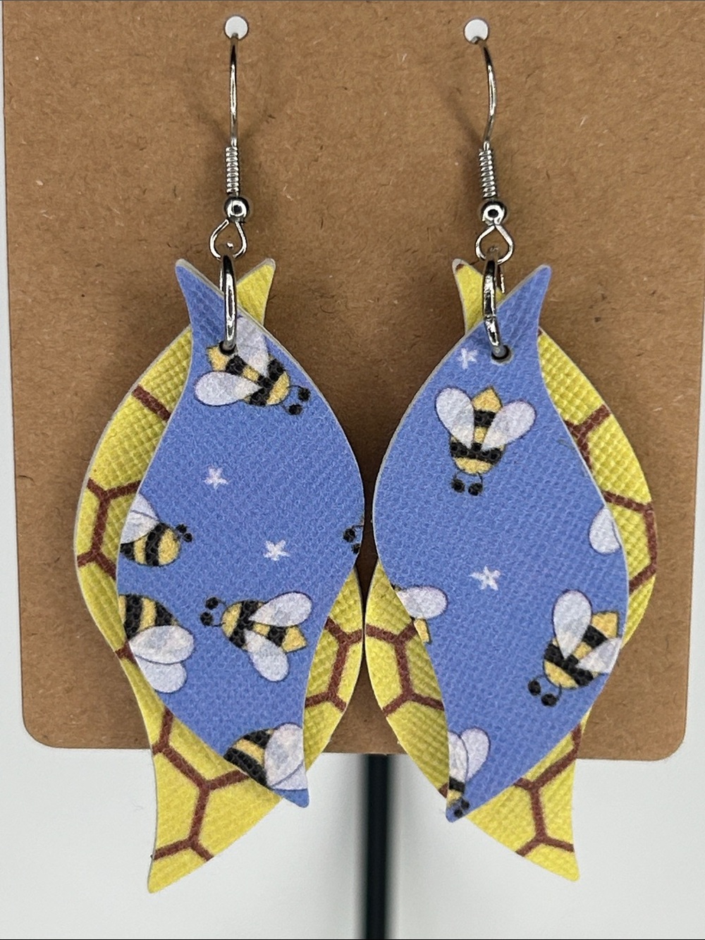 Bee Print Layered Faux Leather Earrings Fashion Jewelry